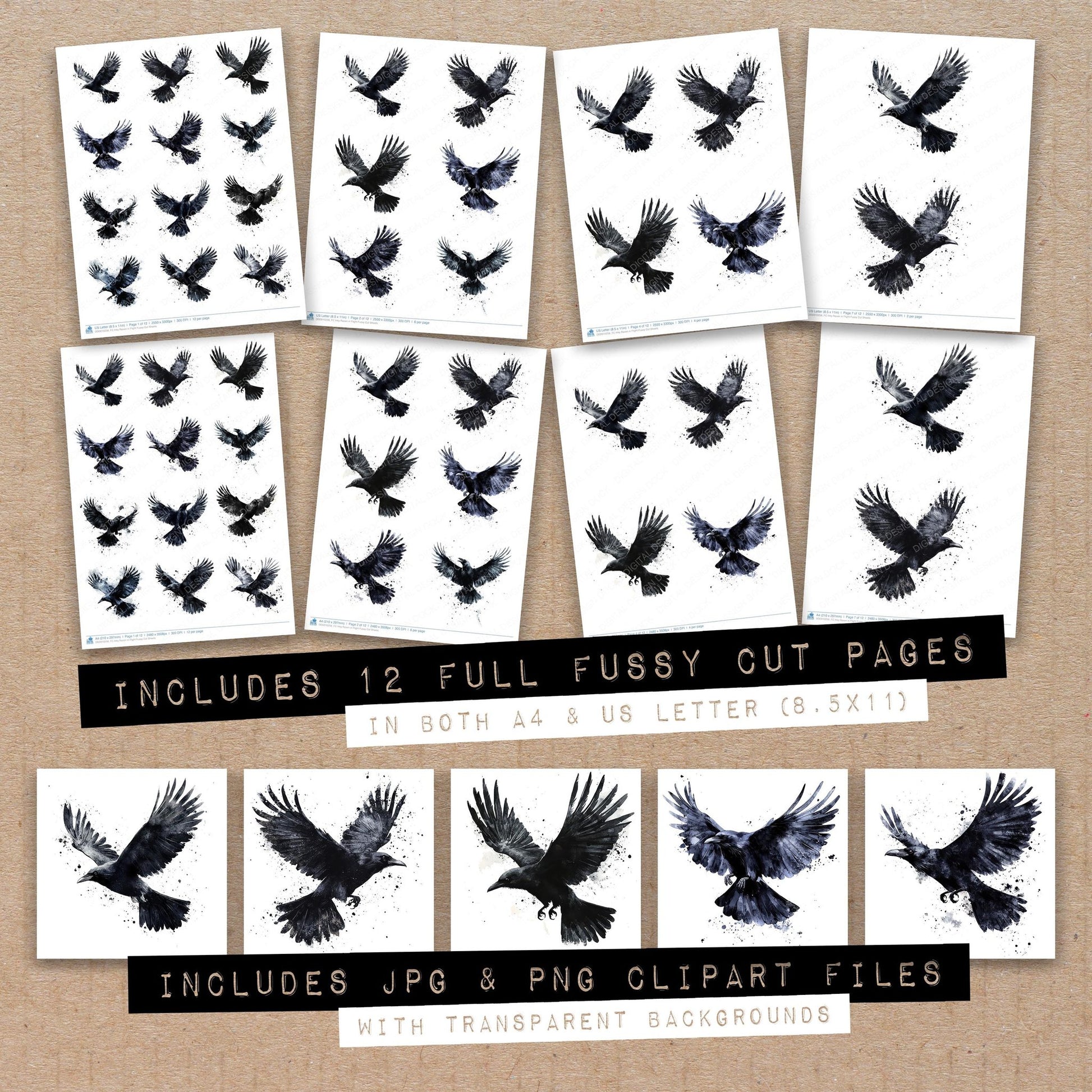 Full collection view of Inky Raven in Flight fussy cut sheets with bonus clipart JPG and PNG files