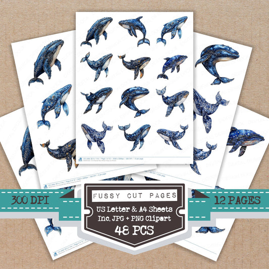 Intrecate Blue Whale fussy cut printable sheets for junk journaling, scrapbooking, and paper craft projects
