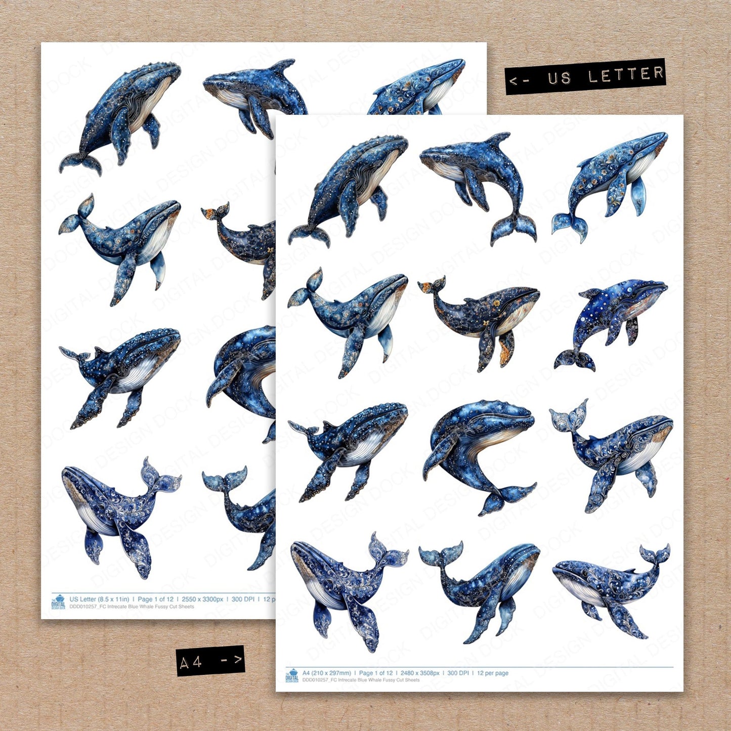 A4 and US Letter format comparison showing Intrecate Blue Whale fussy cut pages for print and cut crafting