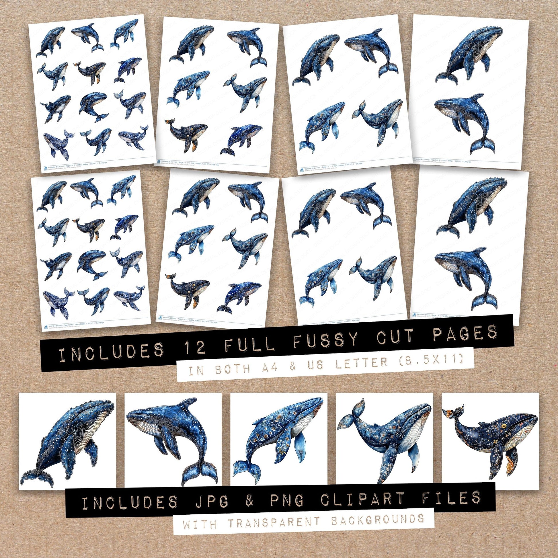 Full collection view of Intrecate Blue Whale fussy cut sheets with bonus clipart JPG and PNG files