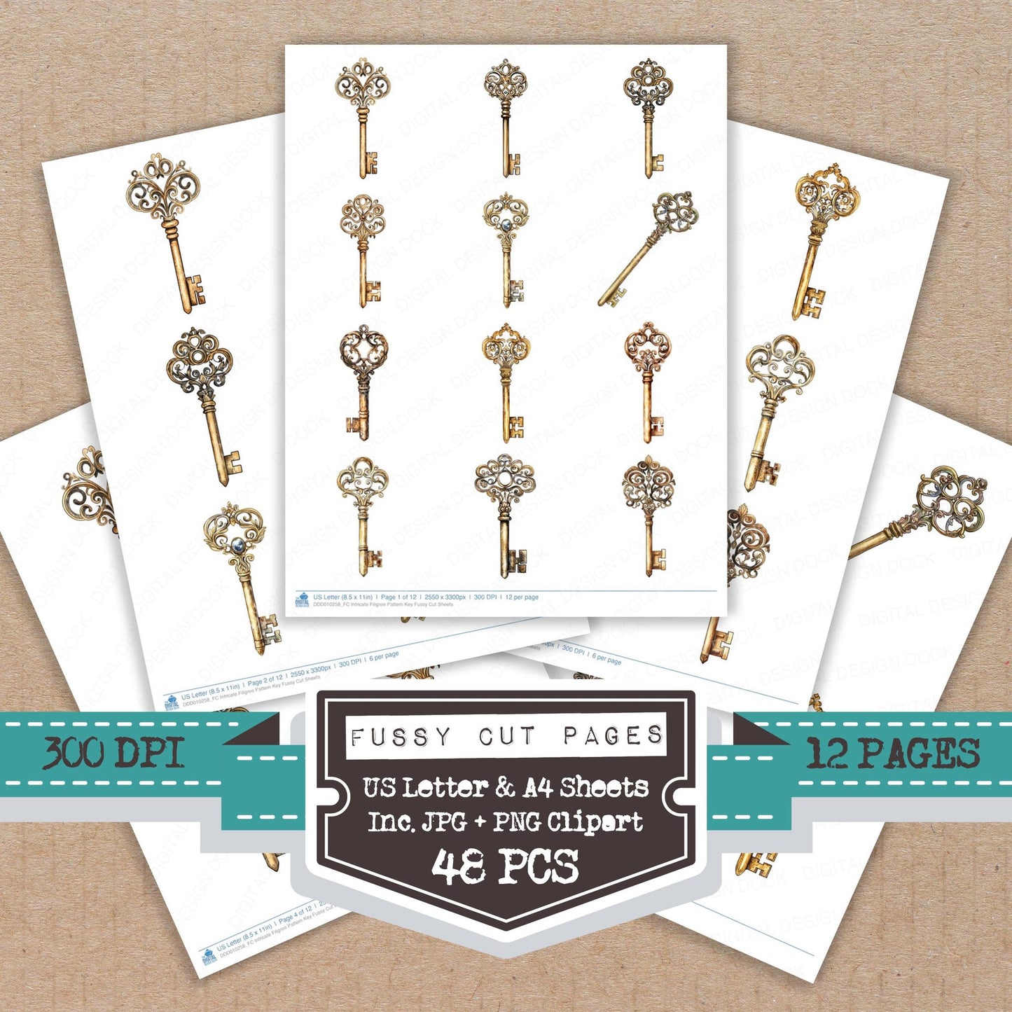 Intricate Filigree Pattern Key fussy cut printable sheets for junk journaling, scrapbooking, and paper craft projects
