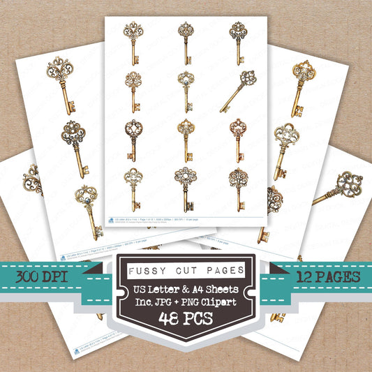 Intricate Filigree Pattern Key fussy cut printable sheets for junk journaling, scrapbooking, and paper craft projects