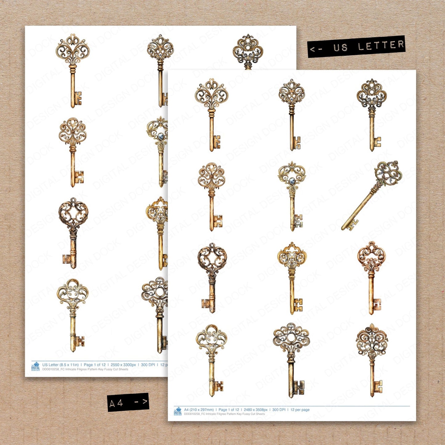 A4 and US Letter format comparison showing Intricate Filigree Pattern Key fussy cut pages for print and cut crafting