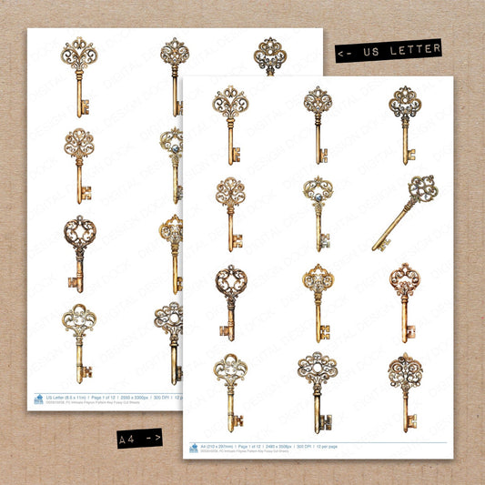 A4 and US Letter format comparison showing Intricate Filigree Pattern Key fussy cut pages for print and cut crafting