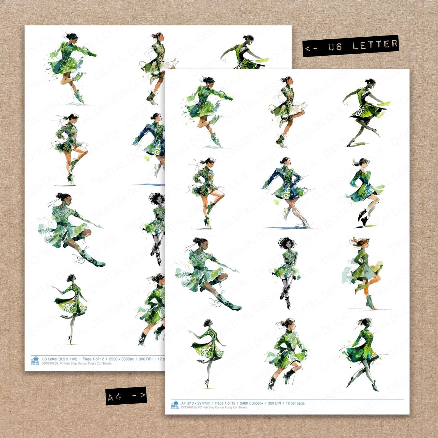 A4 and US Letter format comparison showing Irish Step Dancer fussy cut pages for print and cut crafting