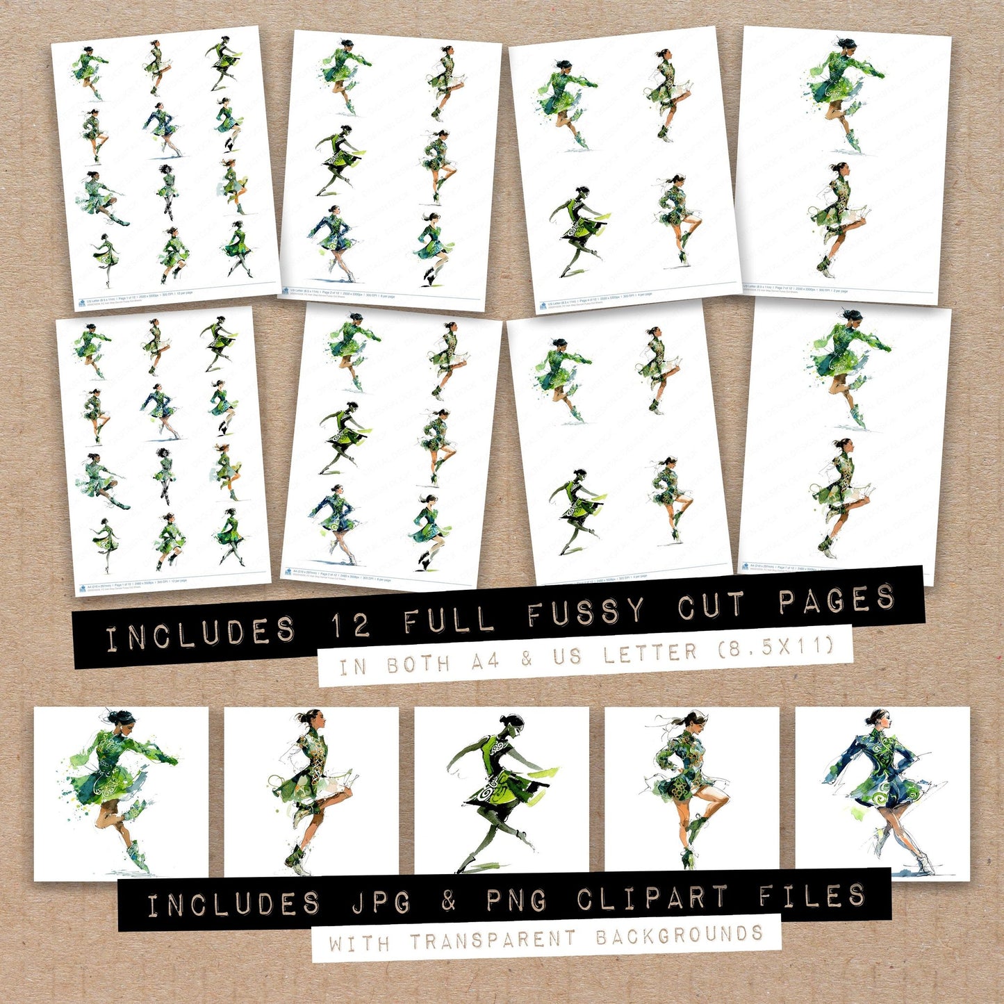 Full collection view of Irish Step Dancer fussy cut sheets with bonus clipart JPG and PNG files