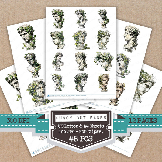 Ivy Covered Marble Bust fussy cut printable sheets for junk journaling, scrapbooking, and paper craft projects