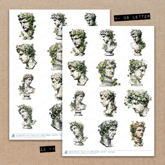 A4 and US Letter format comparison showing Ivy Covered Marble Bust fussy cut pages for print and cut crafting