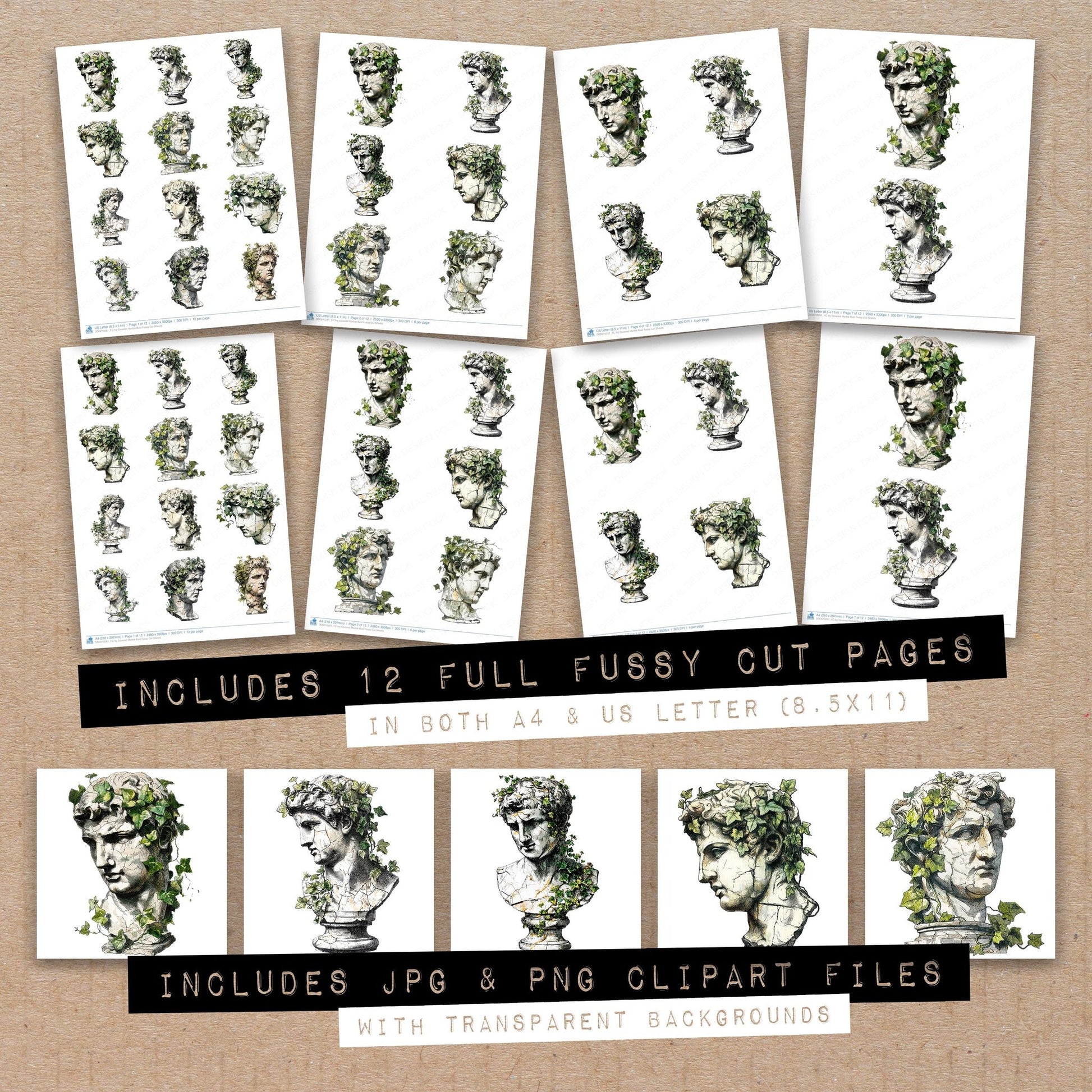 Full collection view of Ivy Covered Marble Bust fussy cut sheets with bonus clipart JPG and PNG files
