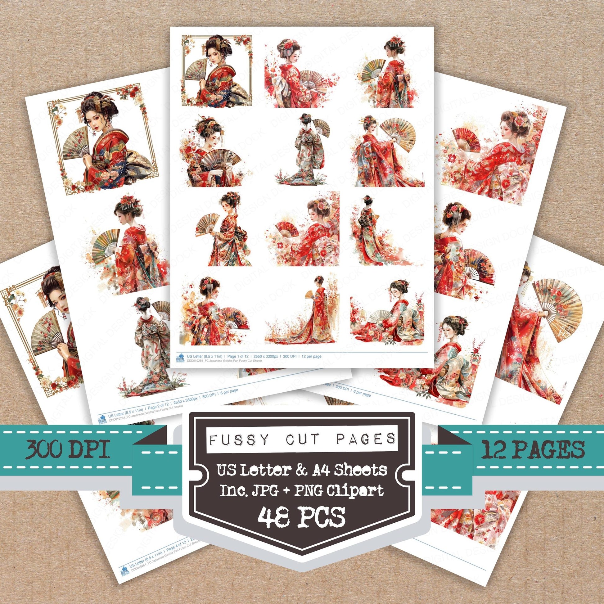 Japanese Geisha Fan fussy cut printable sheets for junk journaling, scrapbooking, and paper craft projects