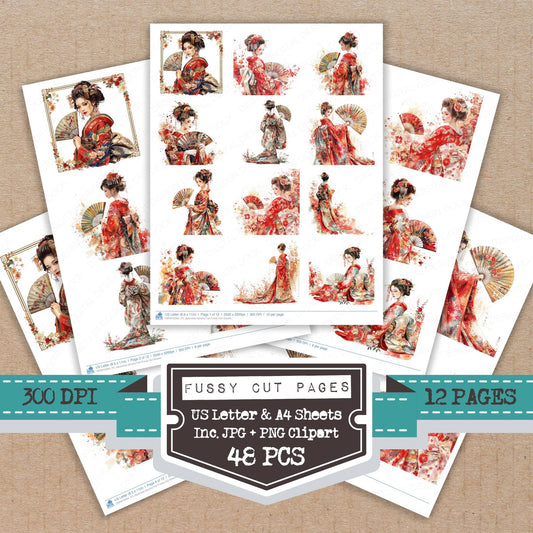 Japanese Geisha Fan fussy cut printable sheets for junk journaling, scrapbooking, and paper craft projects