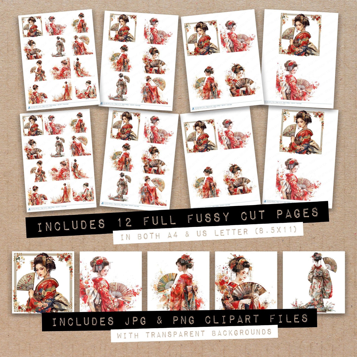 Full collection view of Japanese Geisha Fan fussy cut sheets with bonus clipart JPG and PNG files