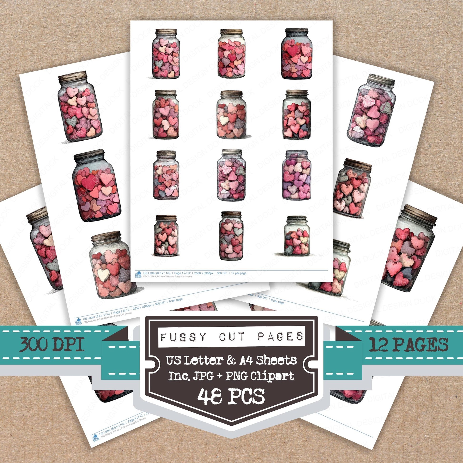 Jar Of Hearts fussy cut printable sheets for junk journaling, scrapbooking, and paper craft projects