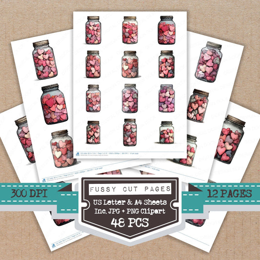 Jar Of Hearts fussy cut printable sheets for junk journaling, scrapbooking, and paper craft projects
