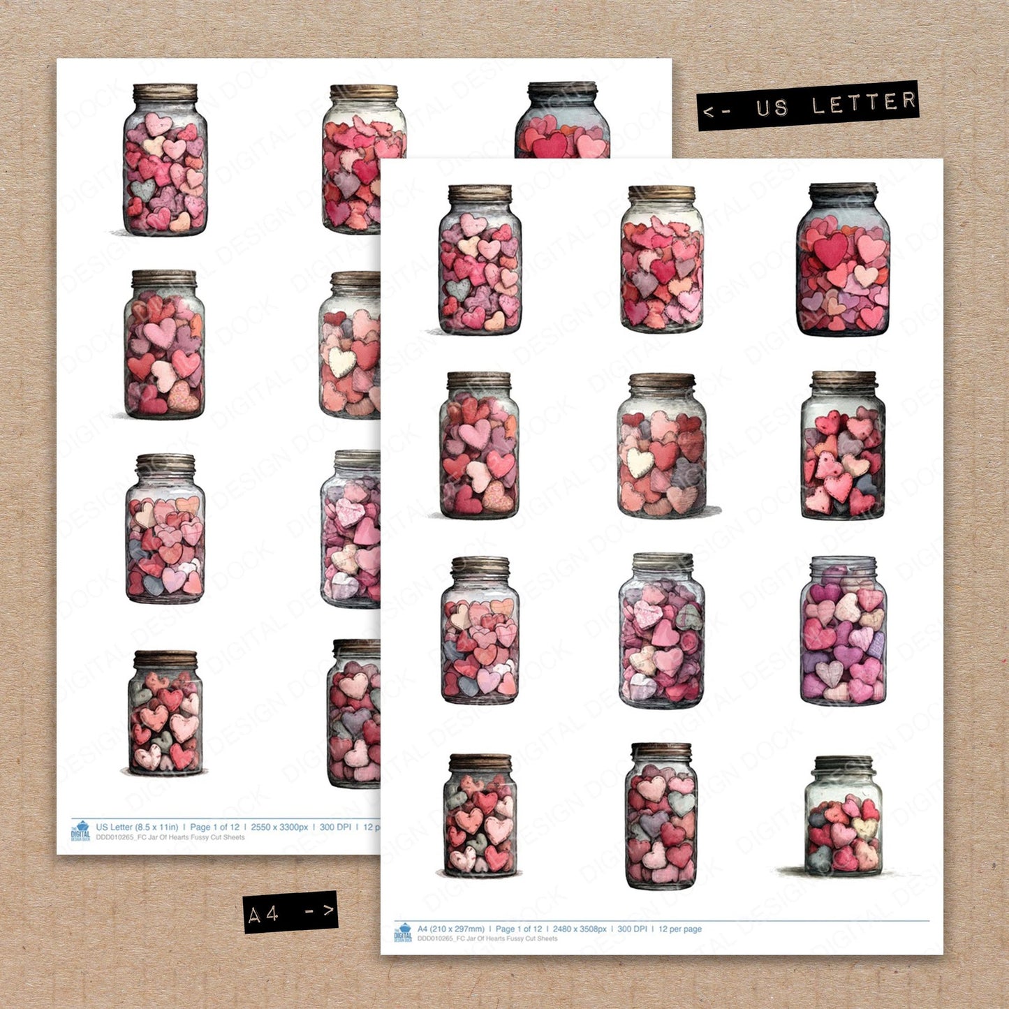 A4 and US Letter format comparison showing Jar Of Hearts fussy cut pages for print and cut crafting