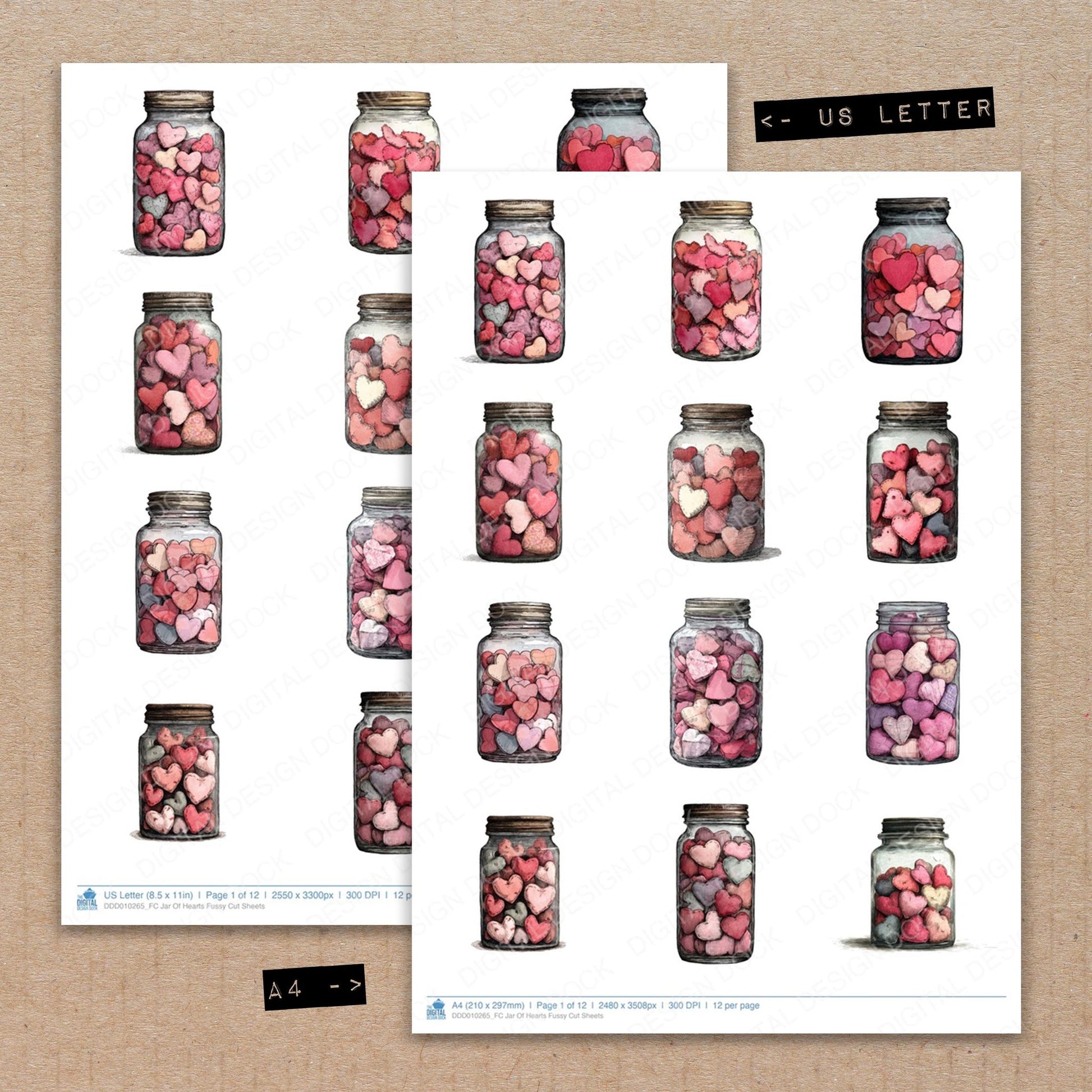 A4 and US Letter format comparison showing Jar Of Hearts fussy cut pages for print and cut crafting