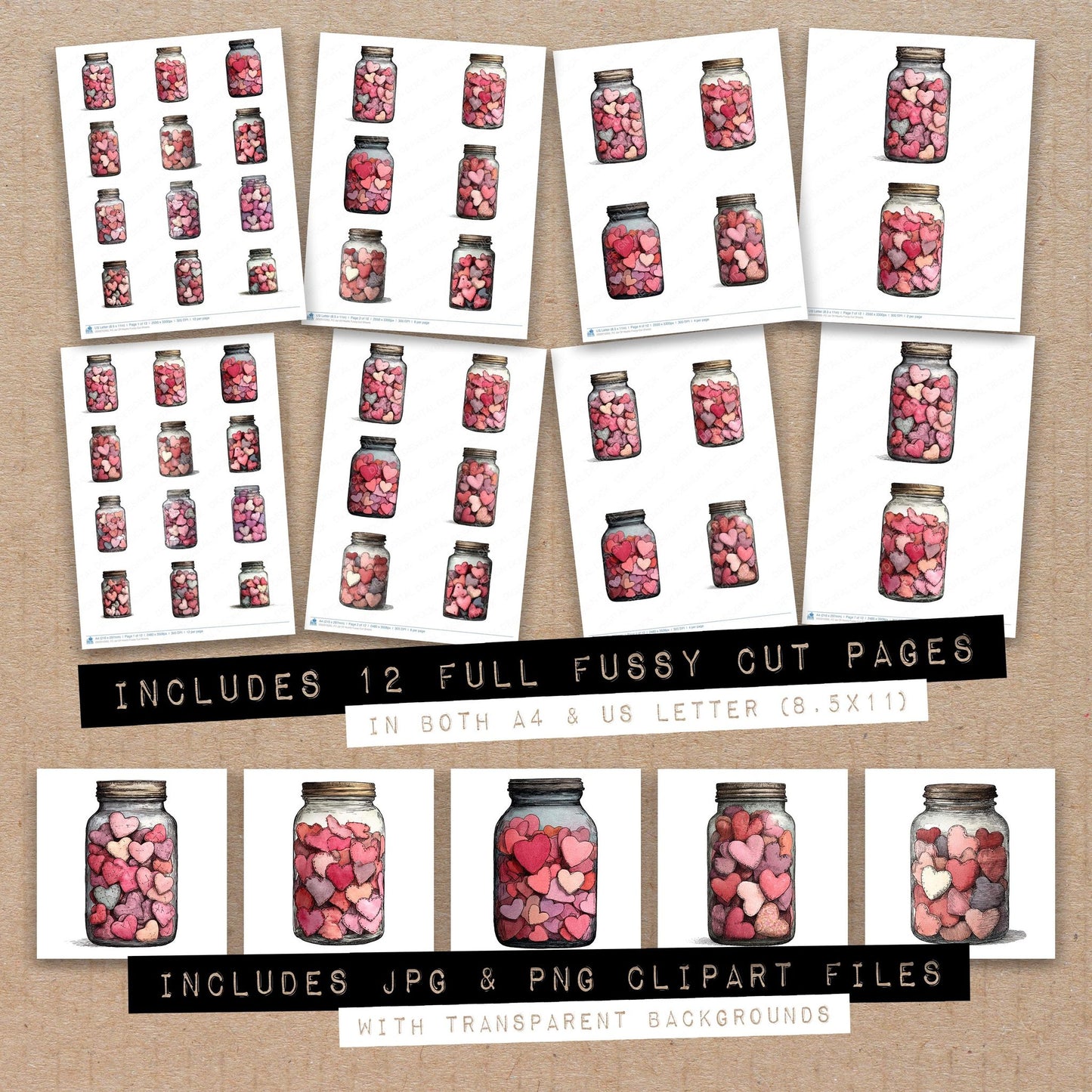 Full collection view of Jar Of Hearts fussy cut sheets with bonus clipart JPG and PNG files