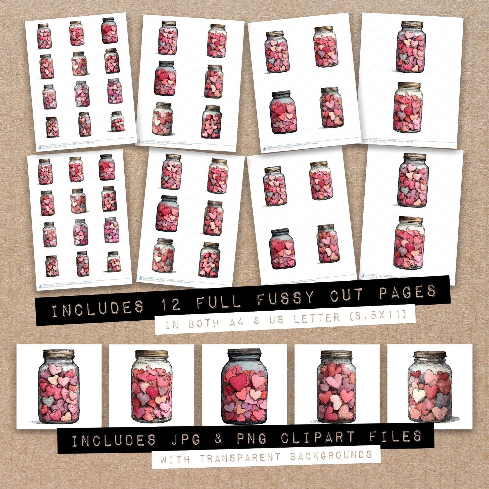 Full collection view of Jar Of Hearts fussy cut sheets with bonus clipart JPG and PNG files
