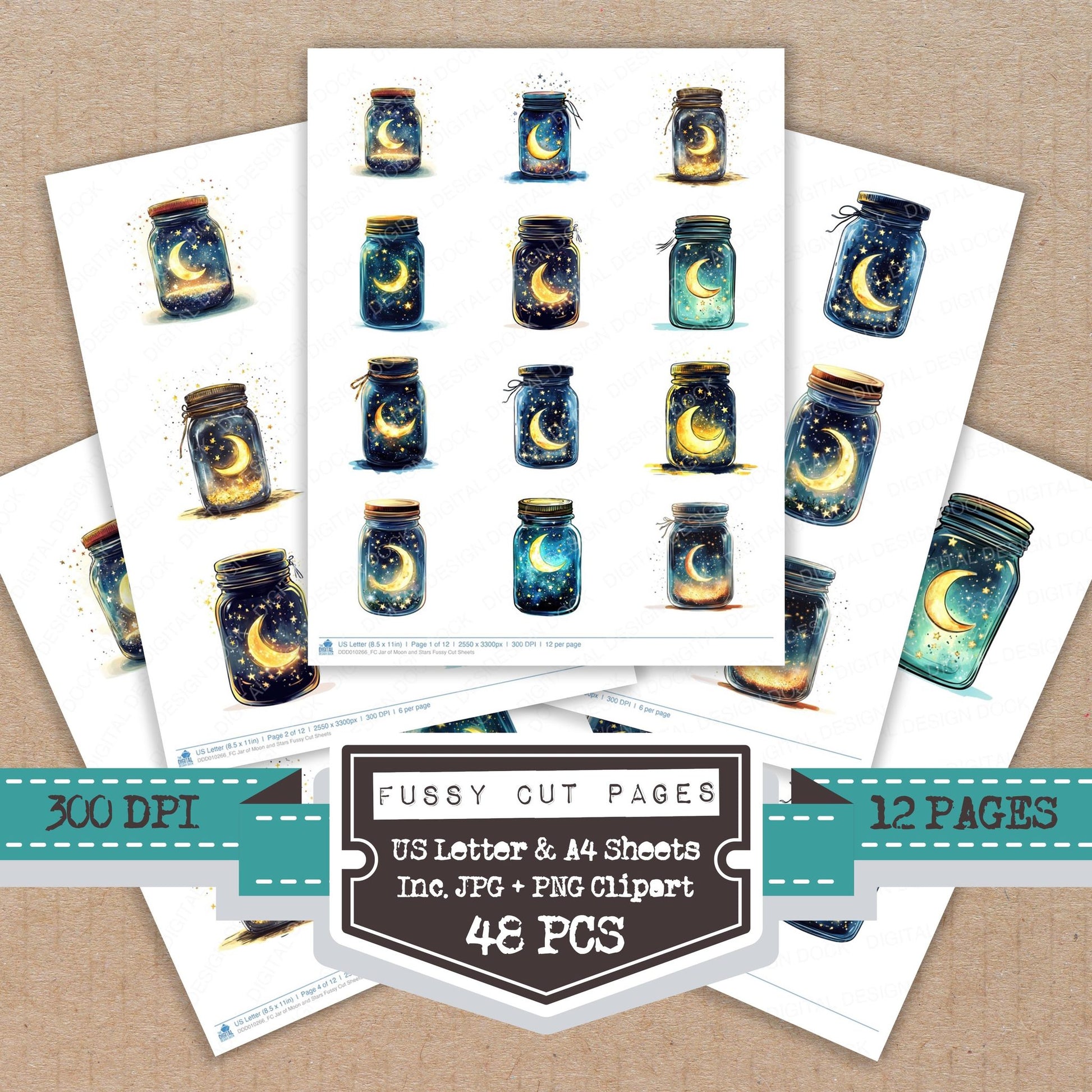 Jar of Moon and Stars fussy cut printable sheets for junk journaling, scrapbooking, and paper craft projects