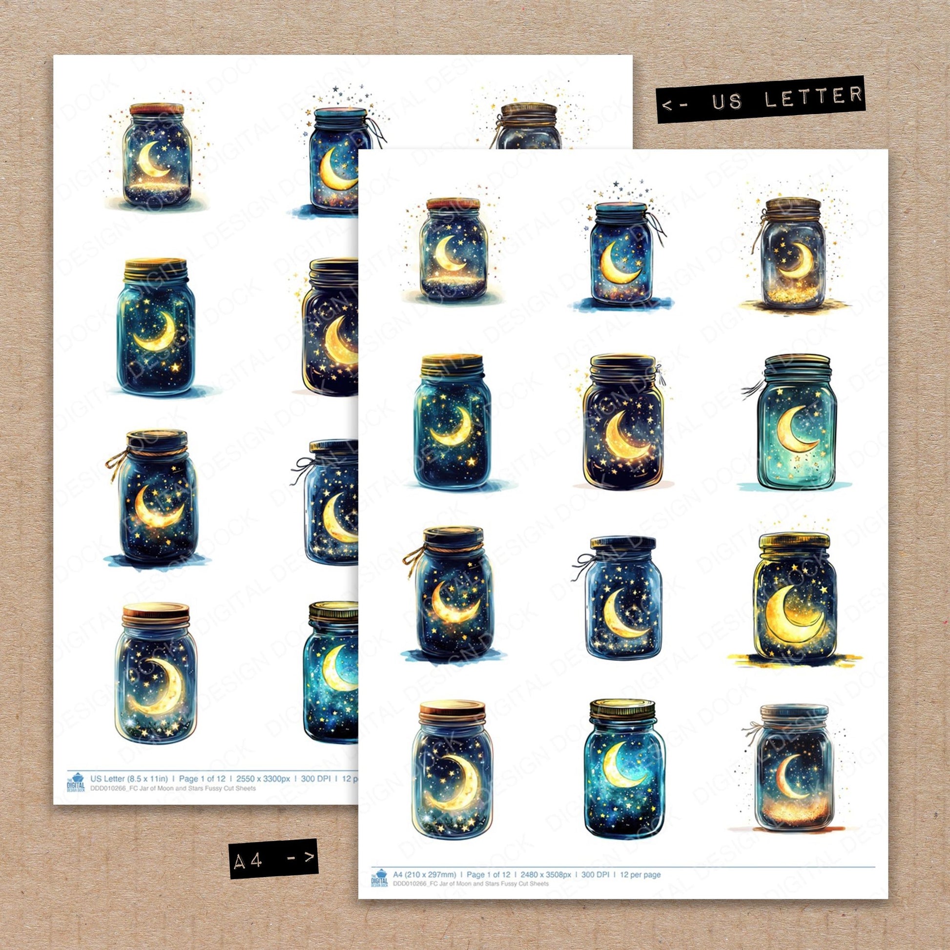 A4 and US Letter format comparison showing Jar of Moon and Stars fussy cut pages for print and cut crafting