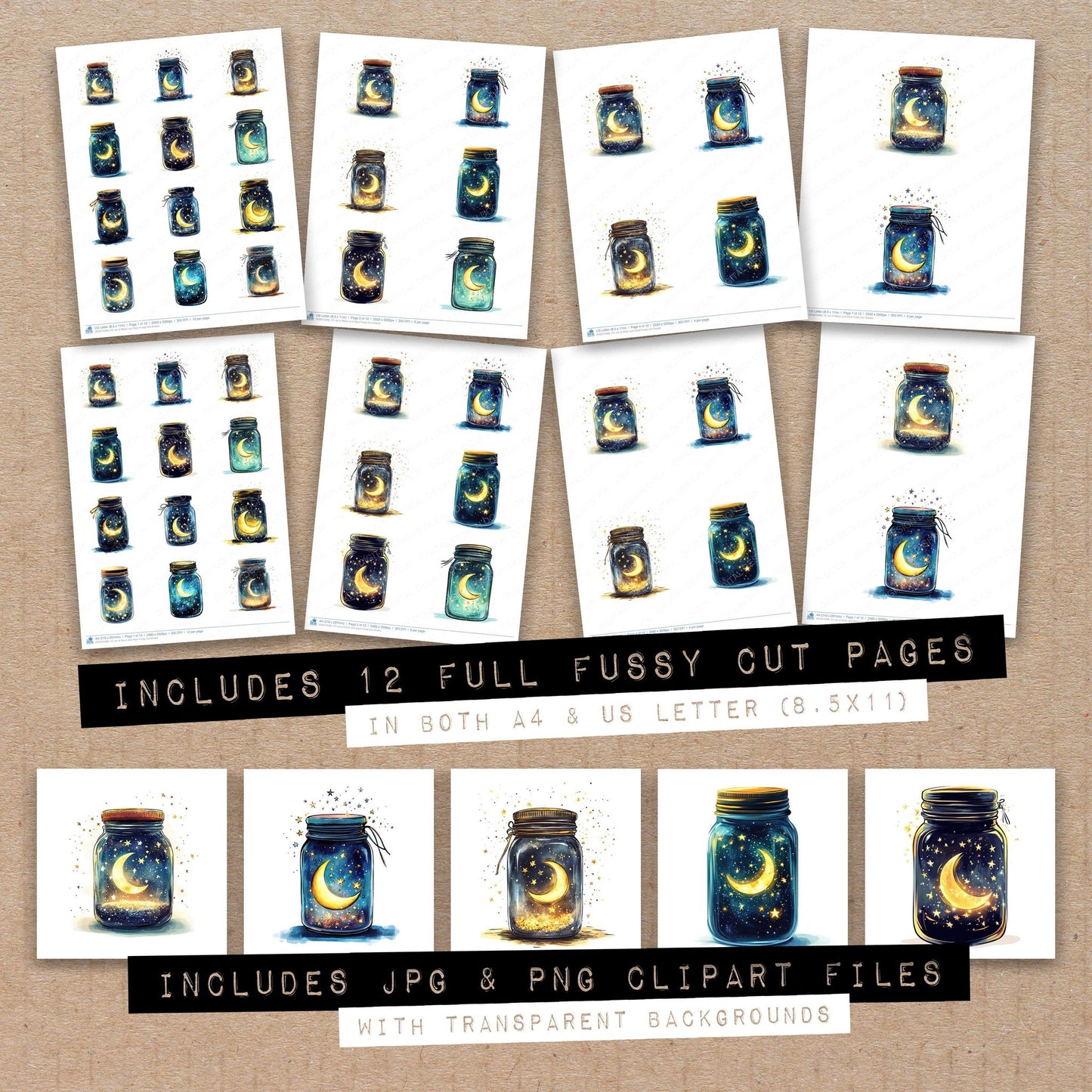 Full collection view of Jar of Moon and Stars fussy cut sheets with bonus clipart JPG and PNG files