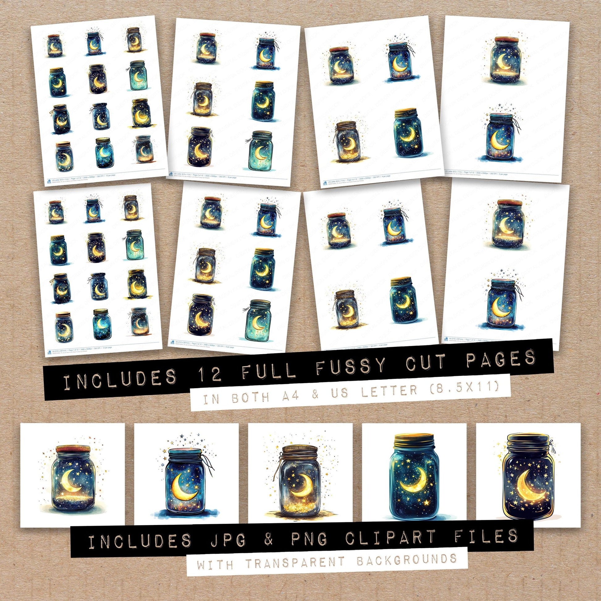 Full collection view of Jar of Moon and Stars fussy cut sheets with bonus clipart JPG and PNG files