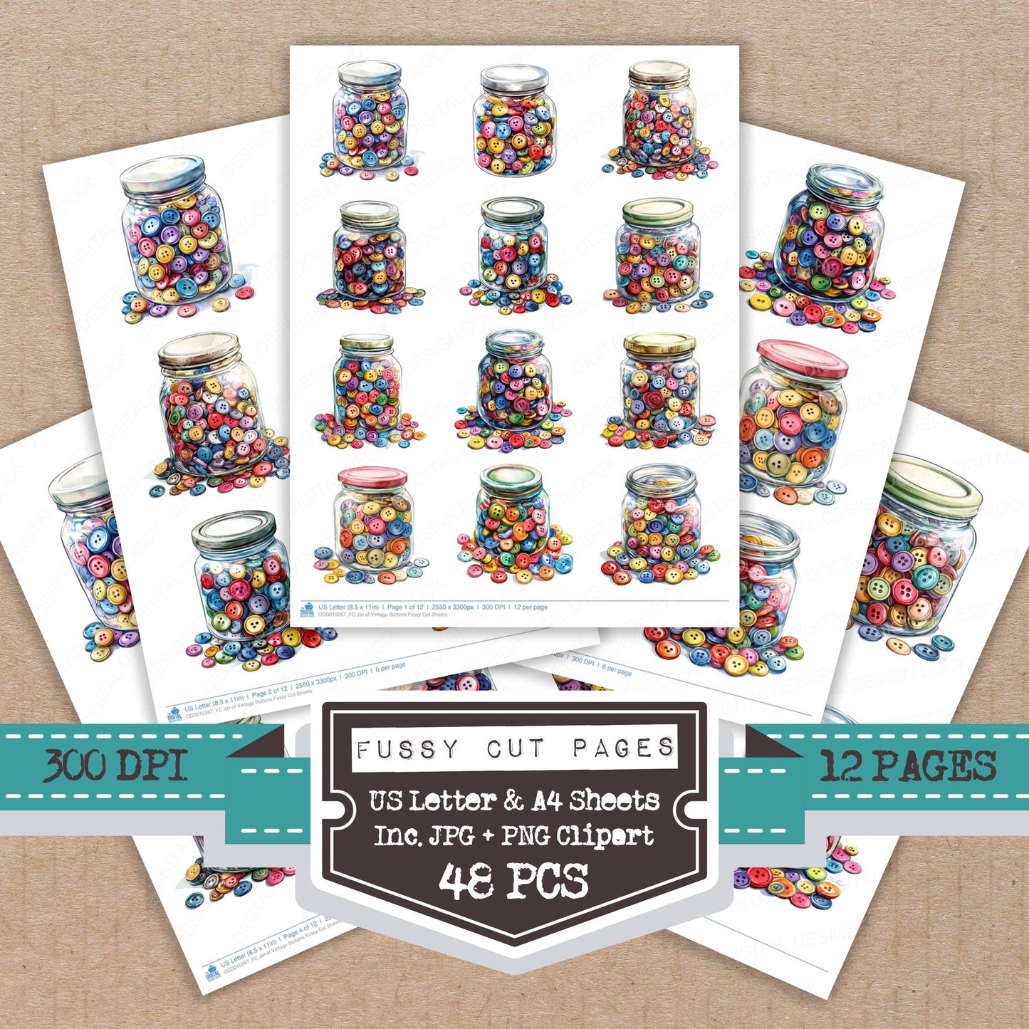 Jar of Vintage Buttons fussy cut printable sheets for junk journaling, scrapbooking, and paper craft projects