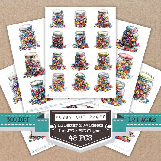 Jar of Vintage Buttons fussy cut printable sheets for junk journaling, scrapbooking, and paper craft projects