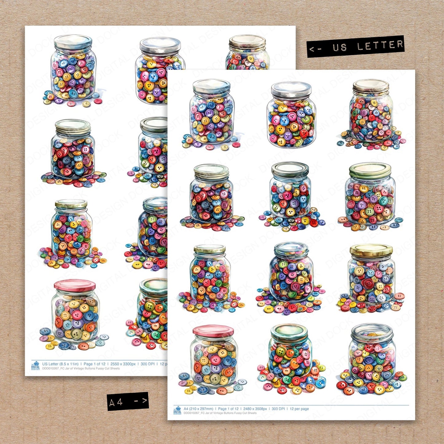 A4 and US Letter format comparison showing Jar of Vintage Buttons fussy cut pages for print and cut crafting