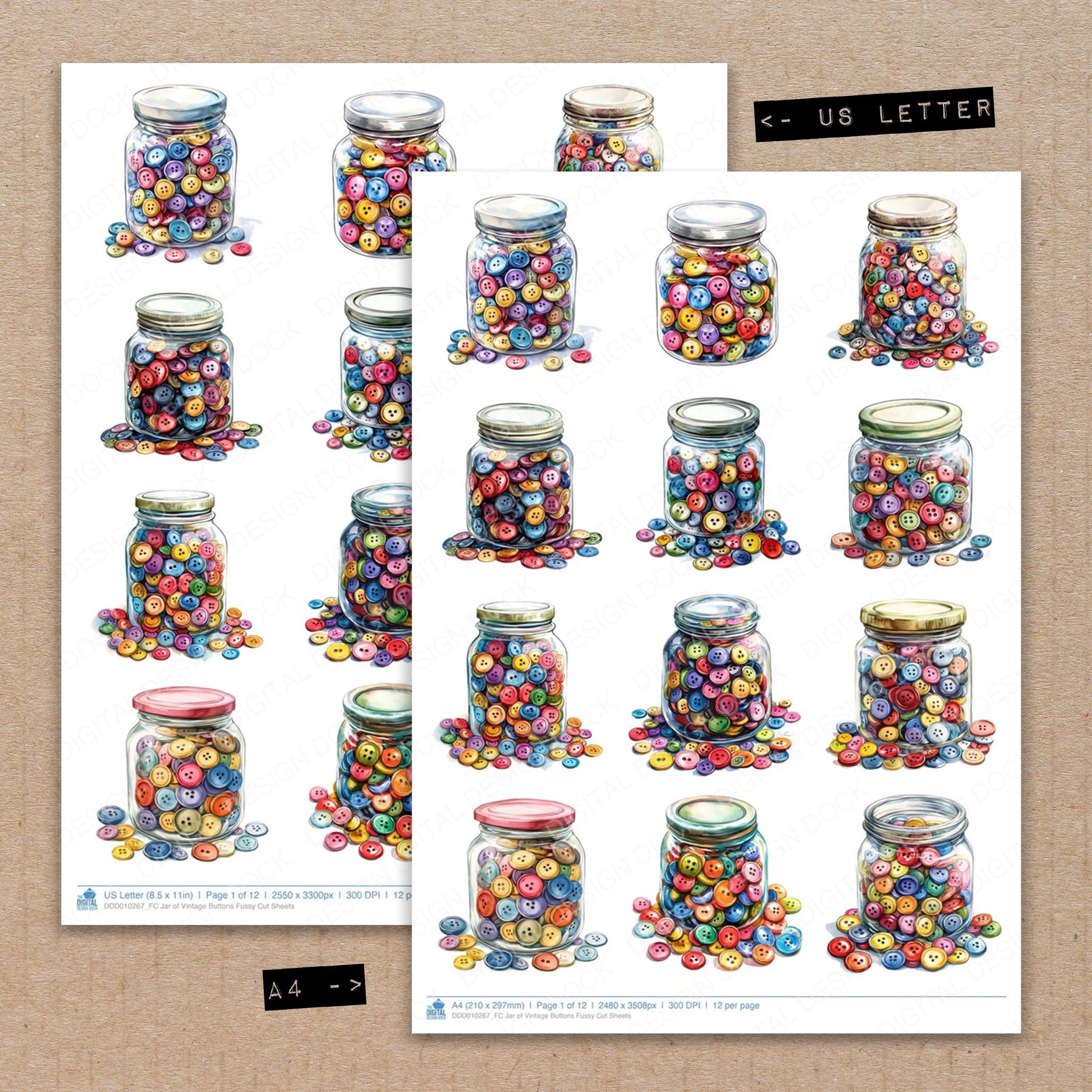 A4 and US Letter format comparison showing Jar of Vintage Buttons fussy cut pages for print and cut crafting