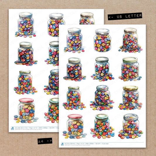 A4 and US Letter format comparison showing Jar of Vintage Buttons fussy cut pages for print and cut crafting