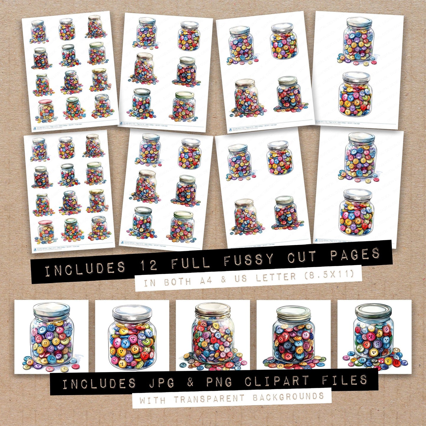Full collection view of Jar of Vintage Buttons fussy cut sheets with bonus clipart JPG and PNG files