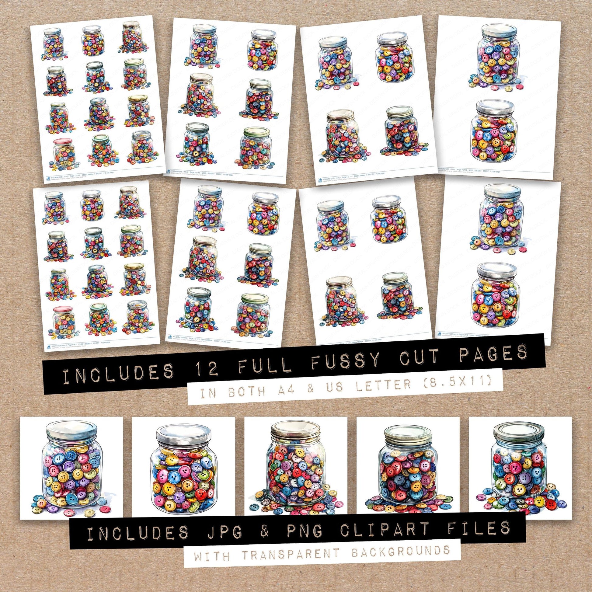 Full collection view of Jar of Vintage Buttons fussy cut sheets with bonus clipart JPG and PNG files