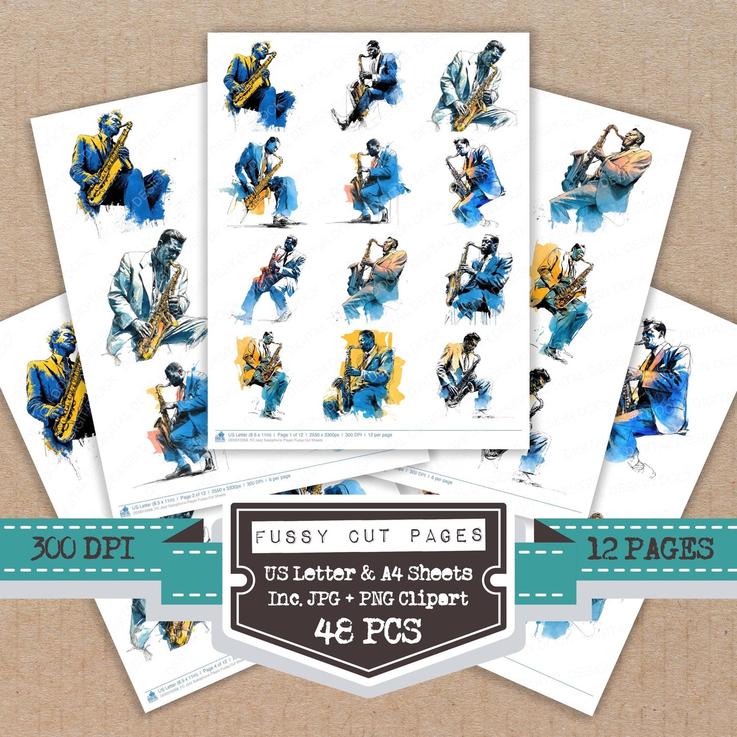 Jazz Saxophone Player fussy cut printable sheets for junk journaling, scrapbooking, and paper craft projects