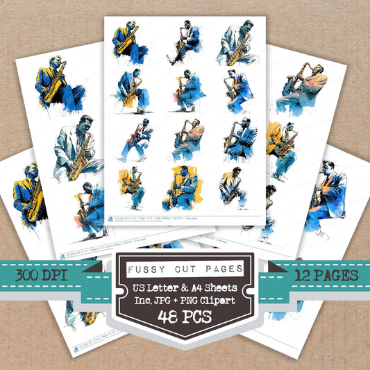 Jazz Saxophone Player fussy cut printable sheets for junk journaling, scrapbooking, and paper craft projects
