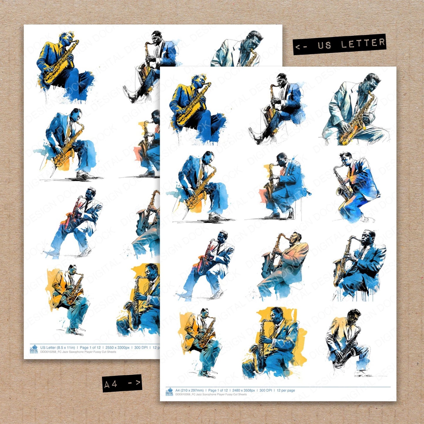 A4 and US Letter format comparison showing Jazz Saxophone Player fussy cut pages for print and cut crafting