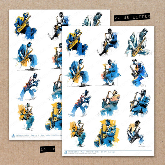A4 and US Letter format comparison showing Jazz Saxophone Player fussy cut pages for print and cut crafting
