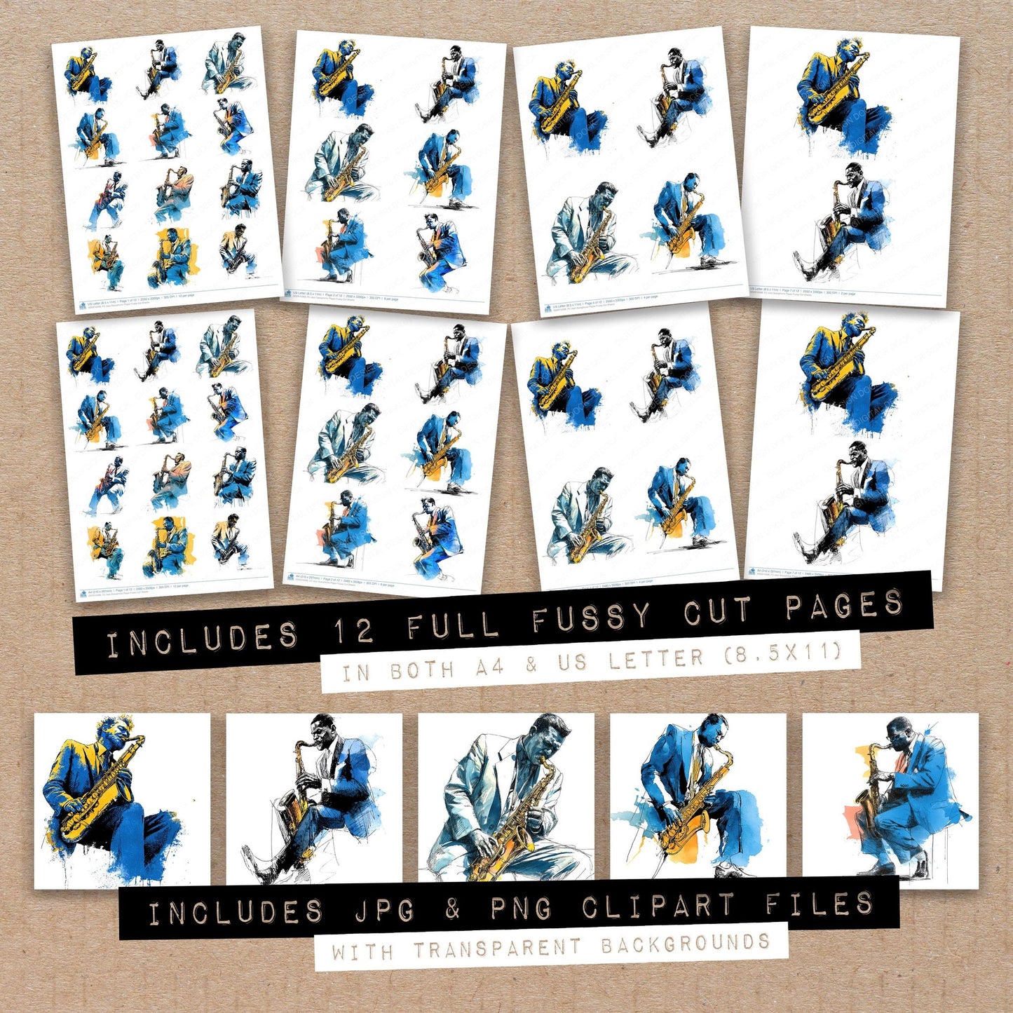 Full collection view of Jazz Saxophone Player fussy cut sheets with bonus clipart JPG and PNG files