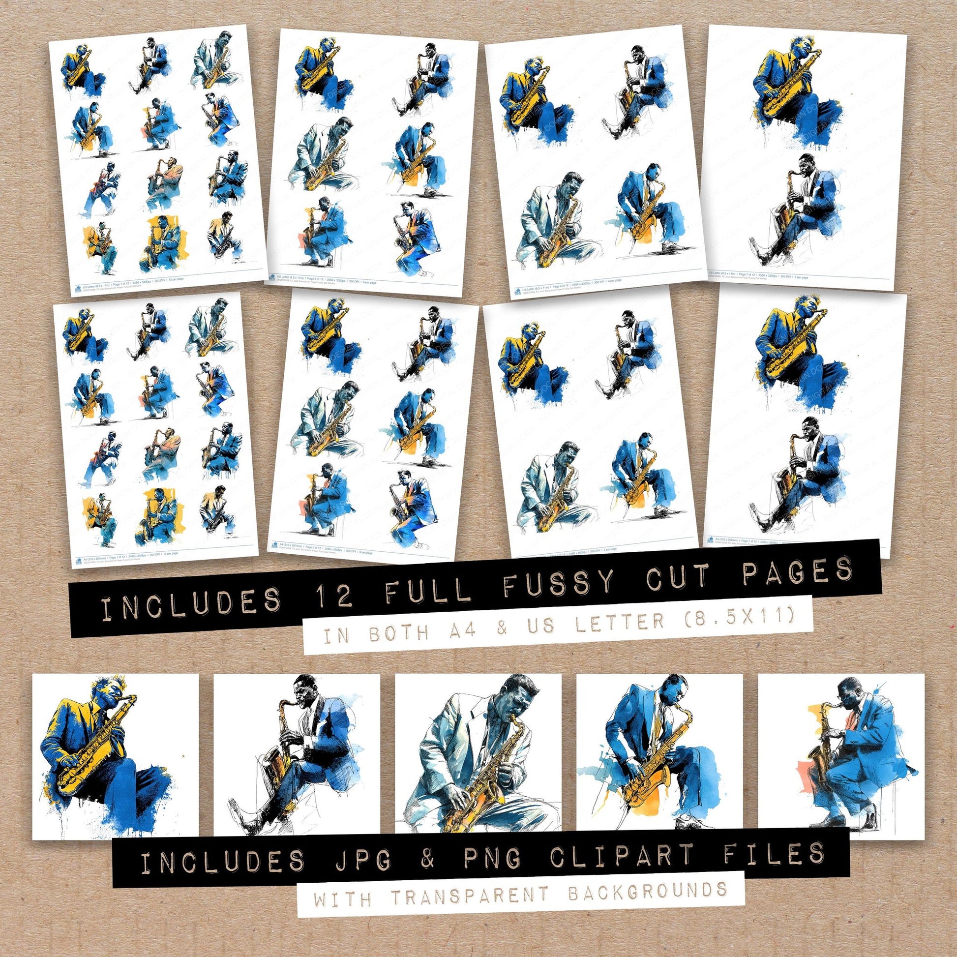 Full collection view of Jazz Saxophone Player fussy cut sheets with bonus clipart JPG and PNG files