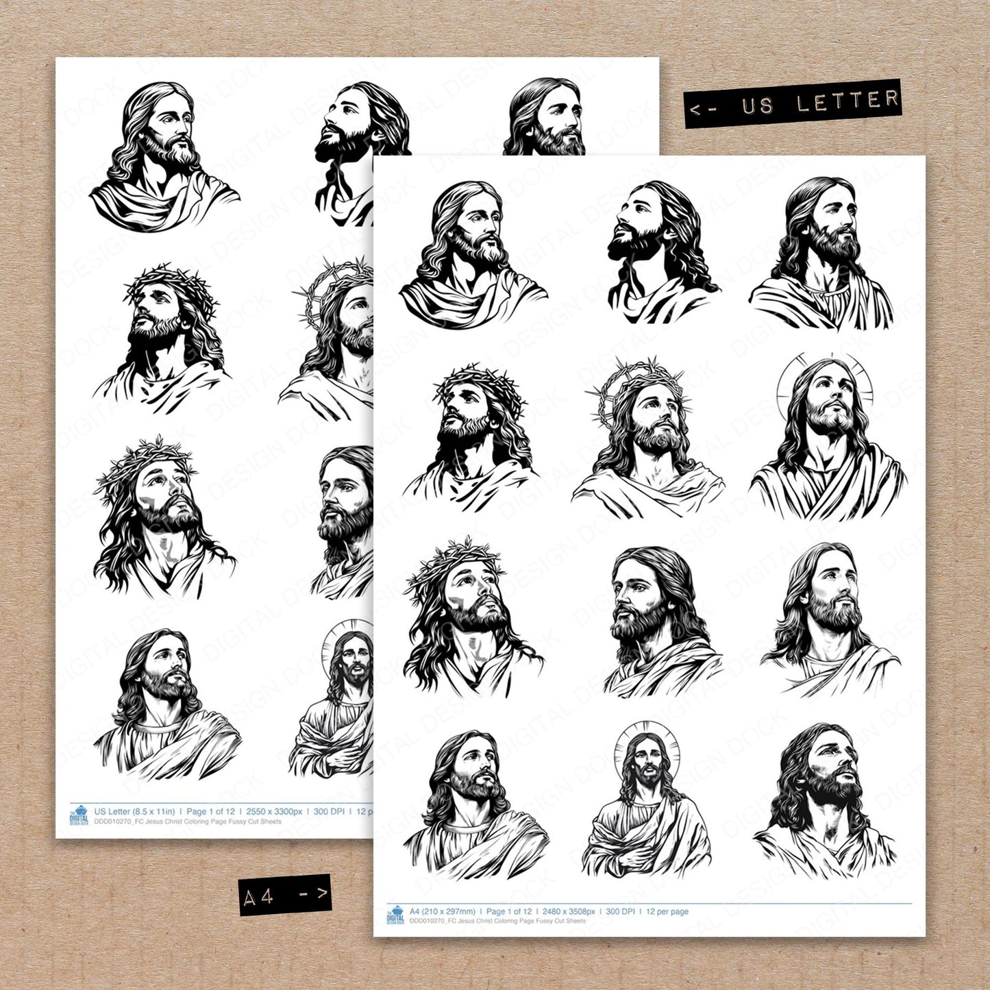 A4 and US Letter format comparison showing Jesus Christ Coloring Page fussy cut pages for print and cut crafting