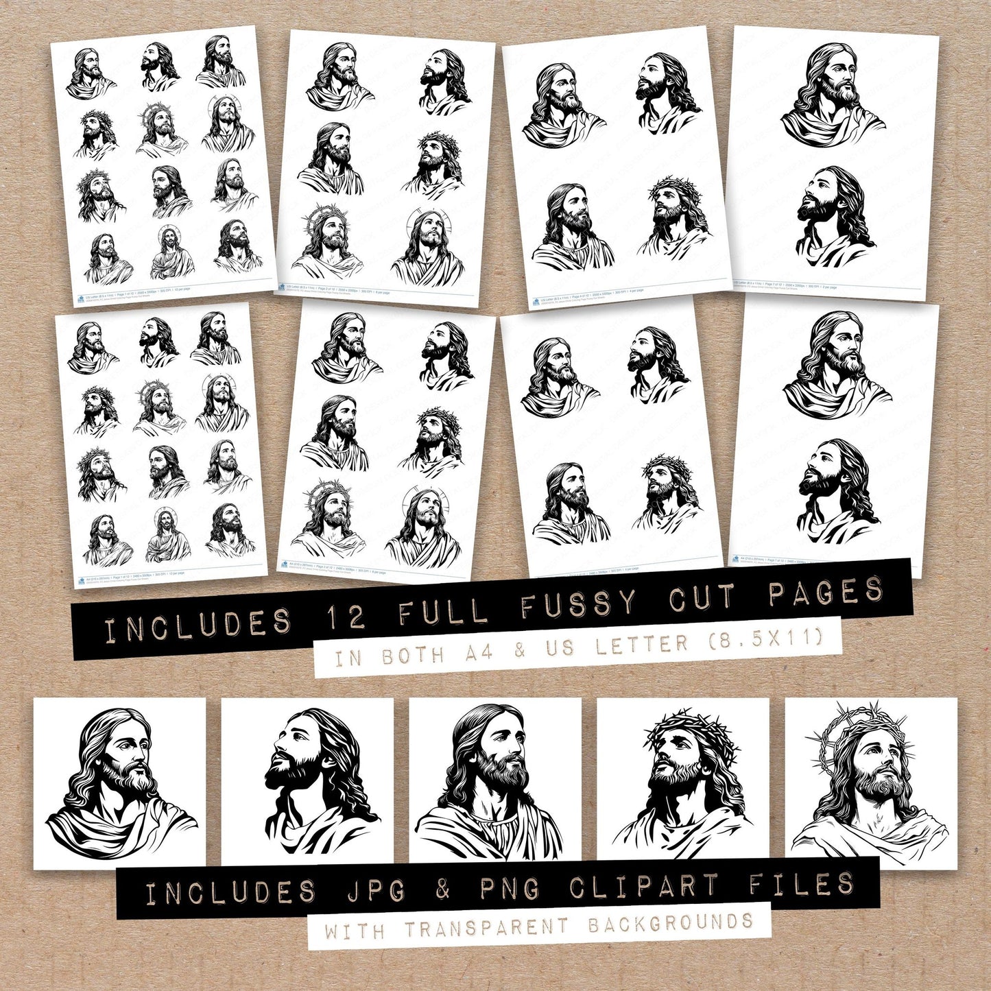 Full collection view of Jesus Christ Coloring Page fussy cut sheets with bonus clipart JPG and PNG files