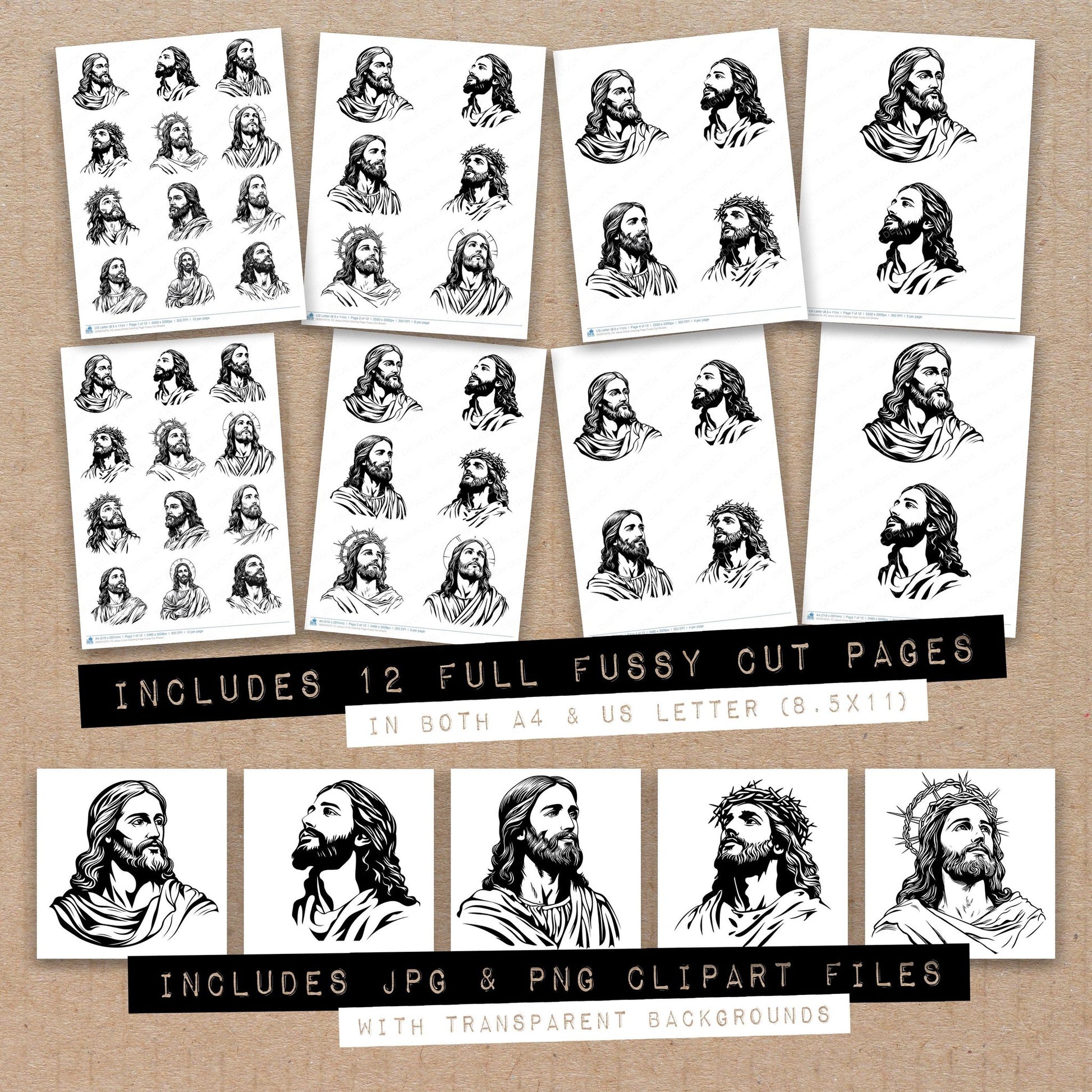 Full collection view of Jesus Christ Coloring Page fussy cut sheets with bonus clipart JPG and PNG files