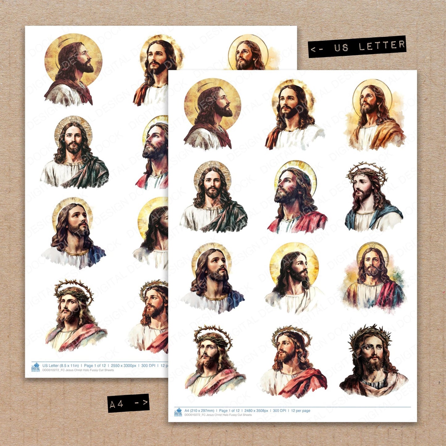 A4 and US Letter format comparison showing Jesus Christ Halo fussy cut pages for print and cut crafting