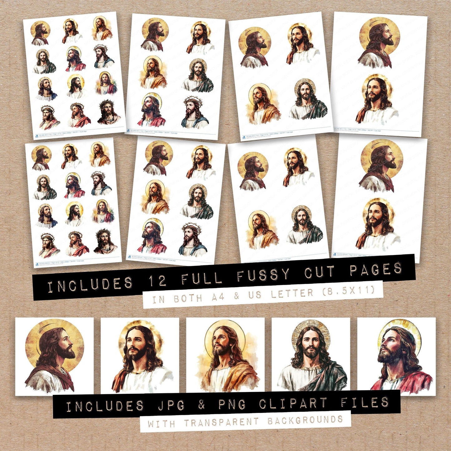 Full collection view of Jesus Christ Halo fussy cut sheets with bonus clipart JPG and PNG files