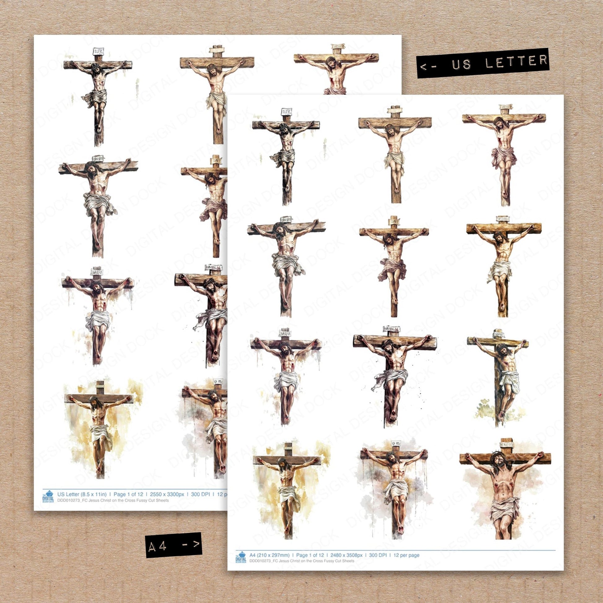 A4 and US Letter format comparison showing Jesus Christ on the Cross fussy cut pages for print and cut crafting