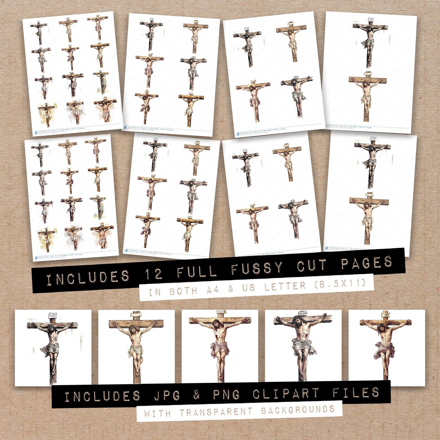 Full collection view of Jesus Christ on the Cross fussy cut sheets with bonus clipart JPG and PNG files