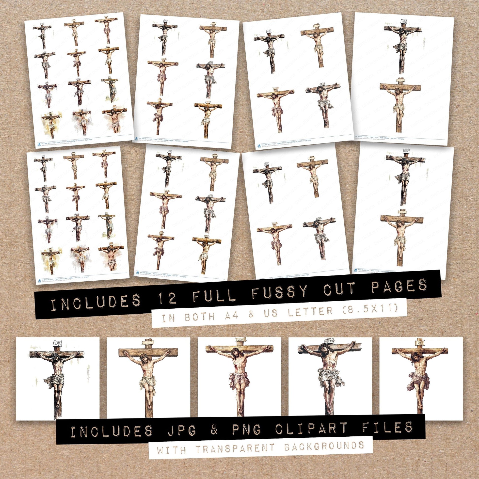 Full collection view of Jesus Christ on the Cross fussy cut sheets with bonus clipart JPG and PNG files