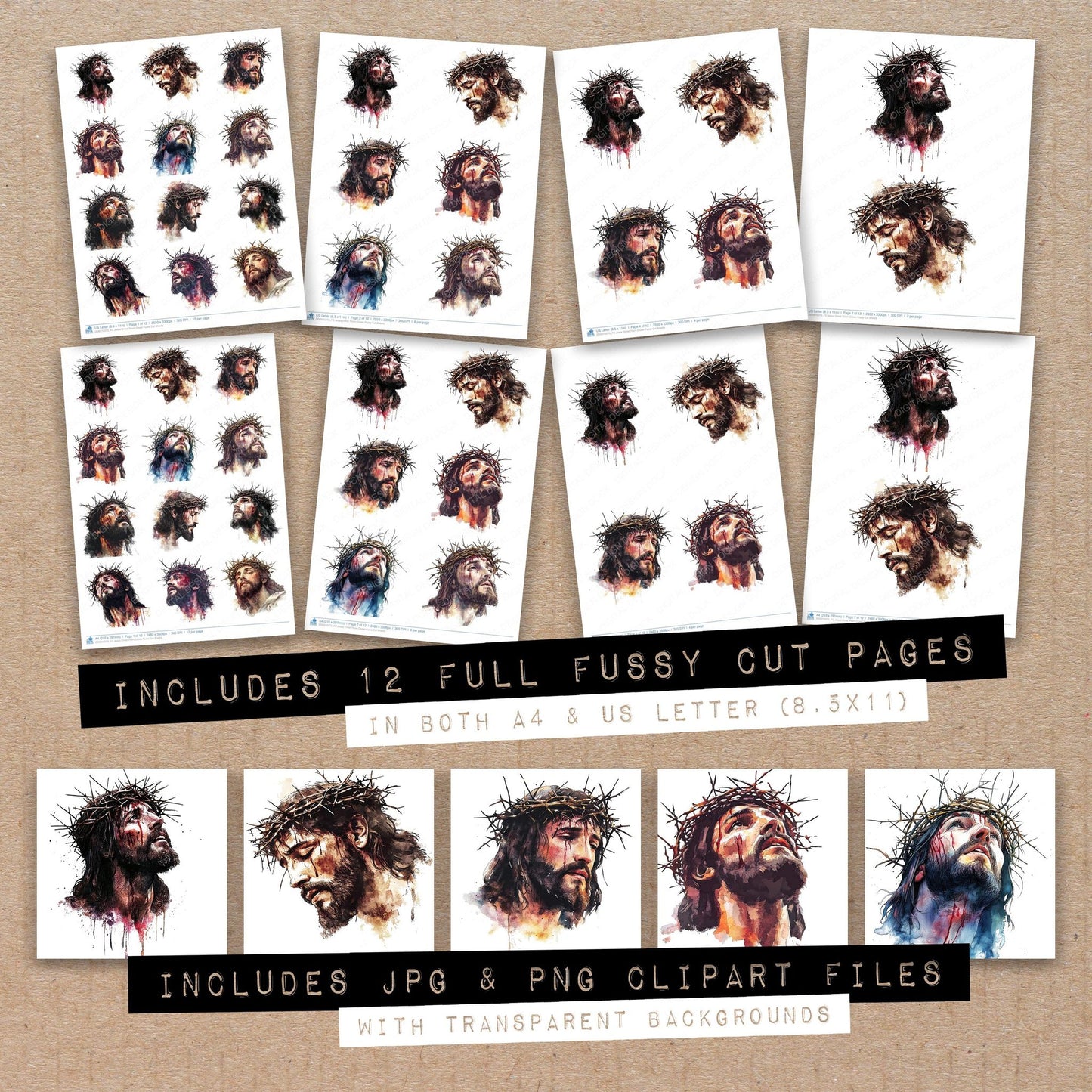 Full collection view of Jesus Christ Thorn Crown fussy cut sheets with bonus clipart JPG and PNG files