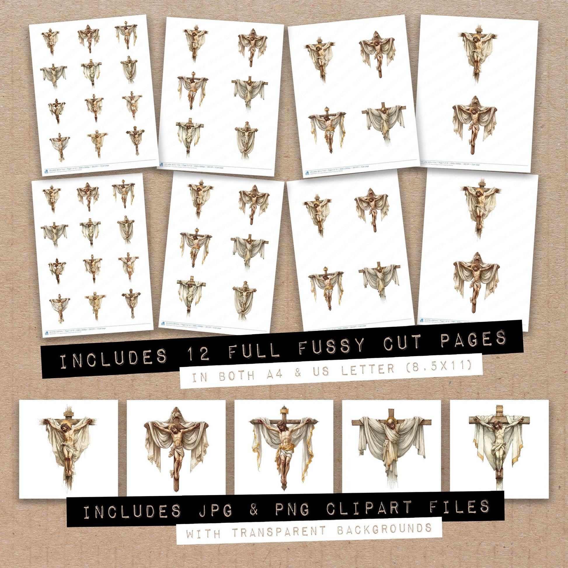 Full collection view of Jesus Draped Cross fussy cut sheets with bonus clipart JPG and PNG files