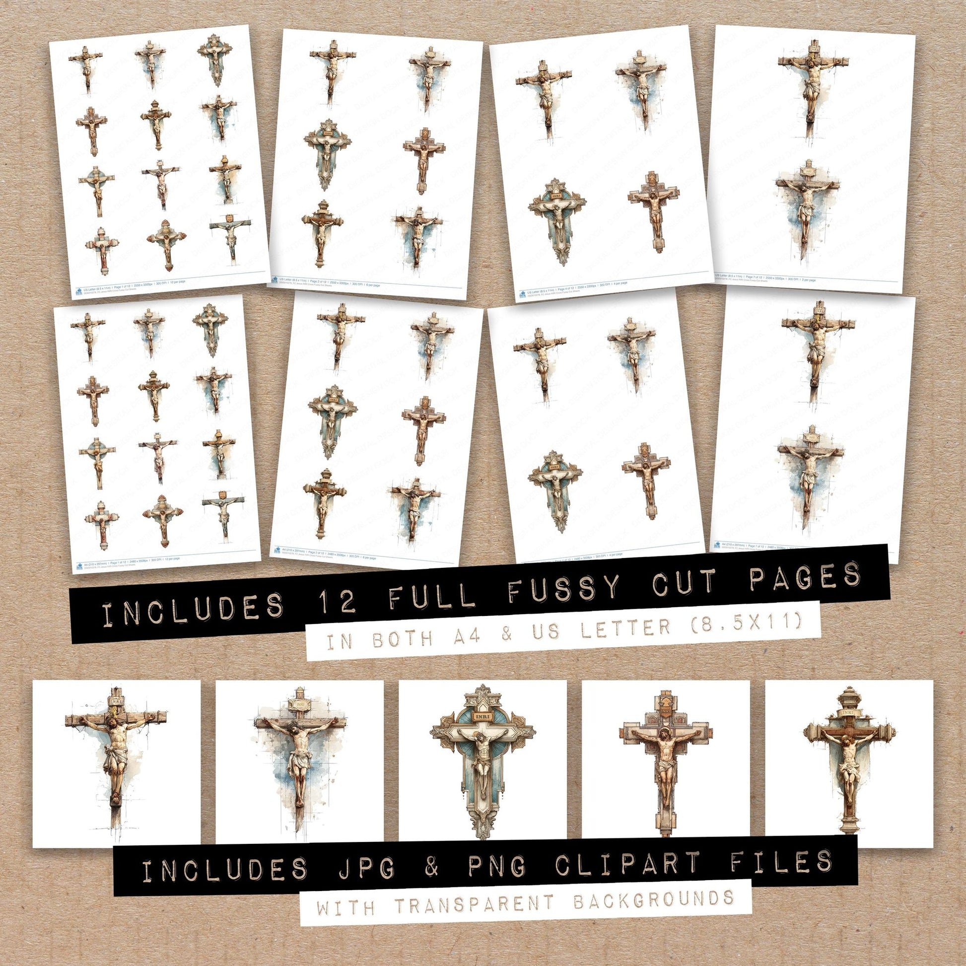Full collection view of Jesus INRI Cross fussy cut sheets with bonus clipart JPG and PNG files